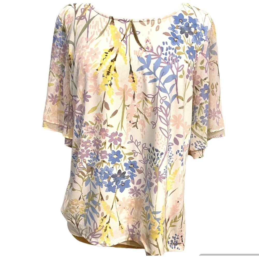 Calvin Klein Top Women's XL Flutter Sleeve Pastel Floral Whimsy Lined Spandex